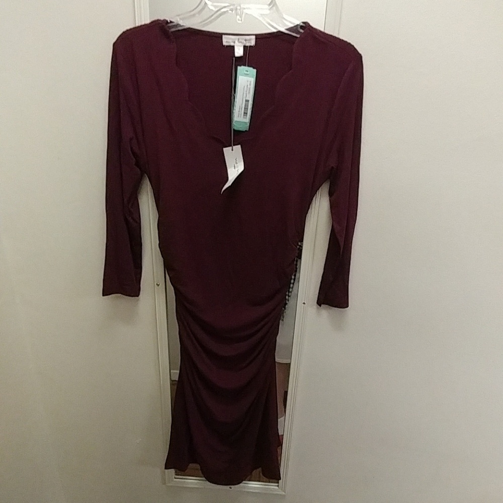 Wine colored scalloped neckline dress
